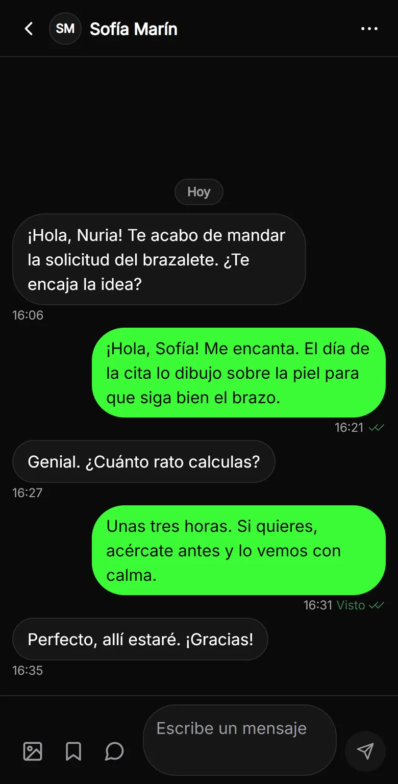 Chat de TatuARTE visto por la tatuadora: los detalles de la cita con su clienta, dentro de la app